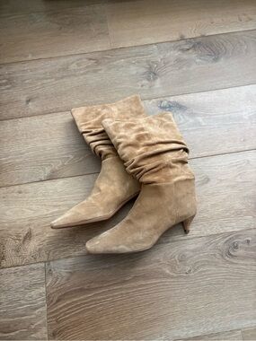 Reformation Tan Suede Slouch Kitten Heel Boots